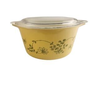 Vintage Pyrex Shenandoah Covered Dish 473-B Yellow Green Floral Lidded 1L